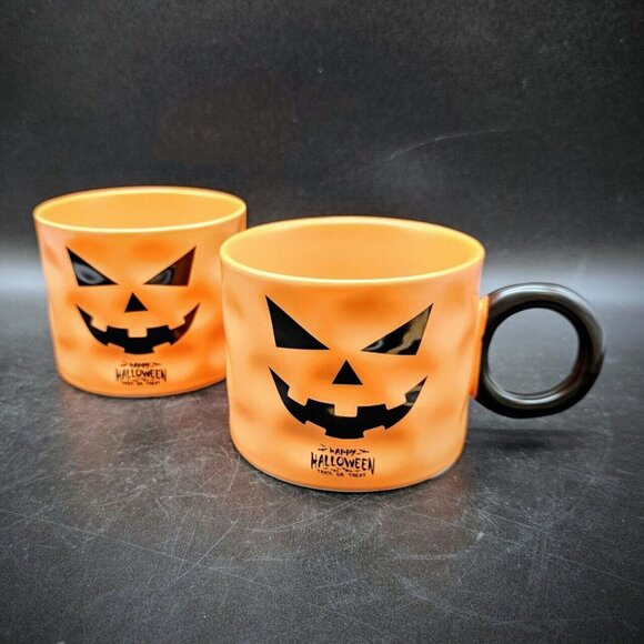 Pair Of Spooky Scary Jack-O-Lantern Pumpkin Coffee Cup Mugs Halloween Fall - Picture 1 of 9